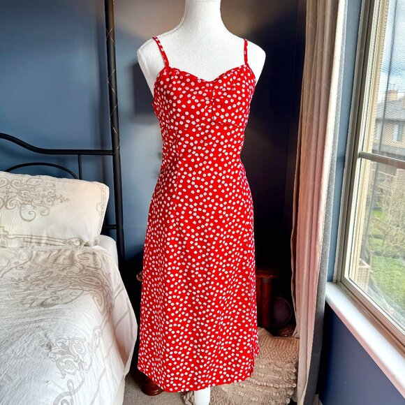 Red w Small White Floral Print Strappy Midi Sundress - Picture 1 of 11